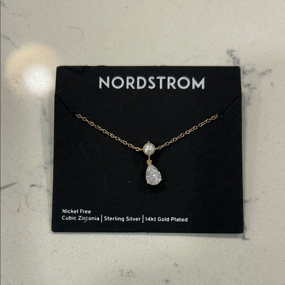NWT Nordstrom Gold-Plated Pearl Necklace with Teardrop CZ Pendant